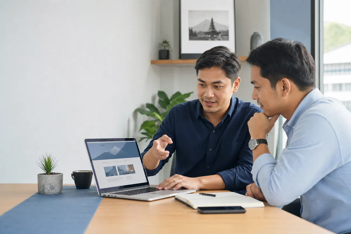 Developer berdiskusi dengan pemilik bisnis tentang website di depan laptop